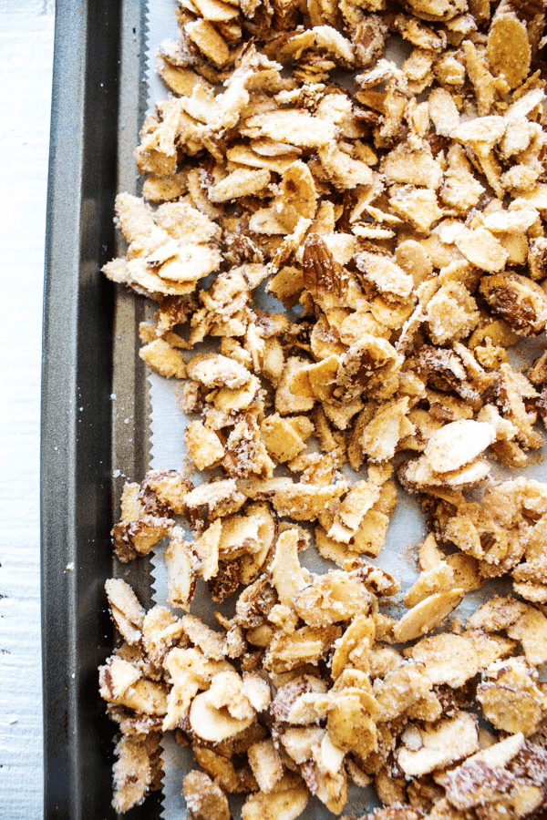 candied slivered almonds on baking sheet