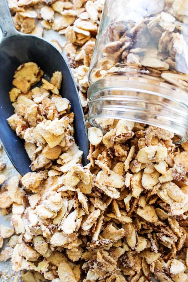 overhead shot of jar of slivered candied almonds