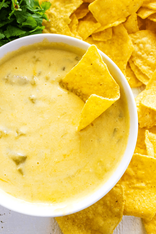 overhead shot of queso with chips