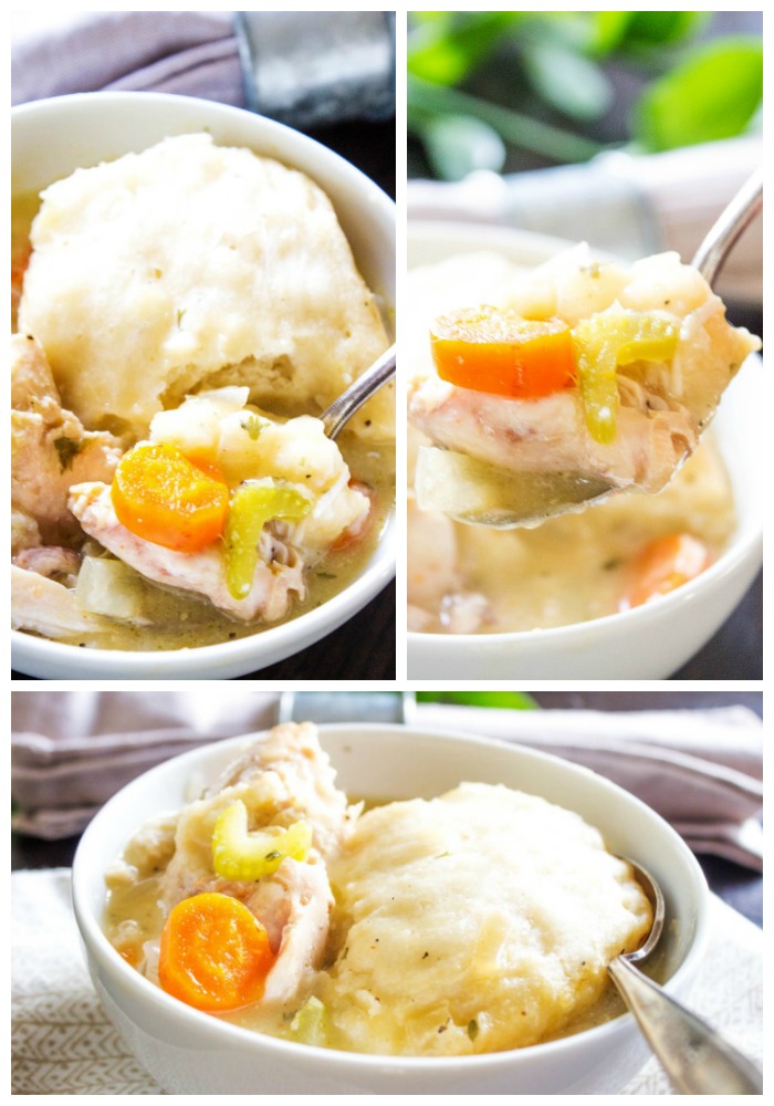 photos of chicken and dumplings in a white bowl with a spoon from 3 angles