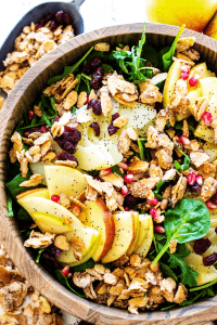 SPINACH SALAD WITH APPLES, PEARS, CRANBERRIES & CANDIED ALMONDS is not only easy & delicious, it also makes a gorgeous addition to the table setting.