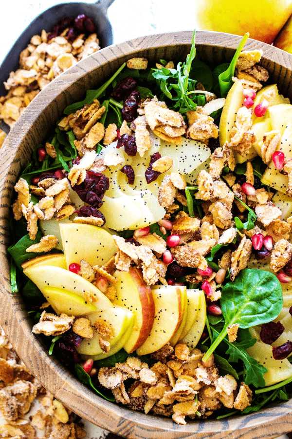 SPINACH SALAD WITH APPLES, PEARS, CRANBERRIES & CANDIED ALMONDS is not only easy & delicious, it also makes a gorgeous addition to the table setting.