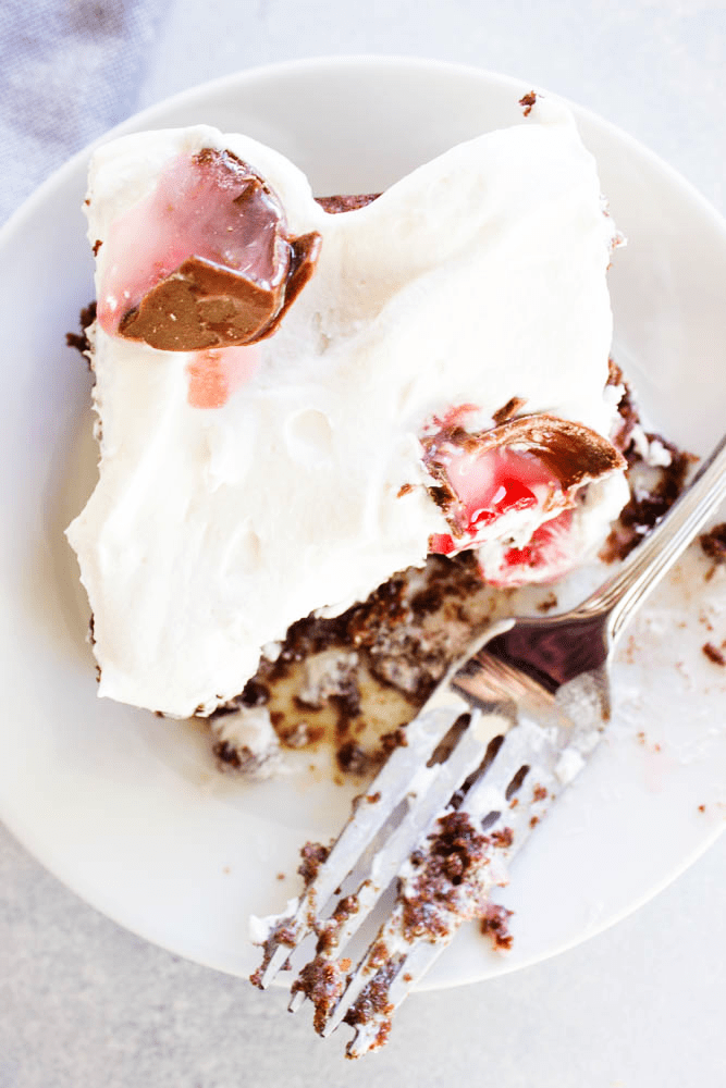 CHOCOLATE COVERED CHERRY POKE CAKE - A rich & gooey chocolate cake with chocolate covered cherries; spread some holiday cheer with this simple dessert.