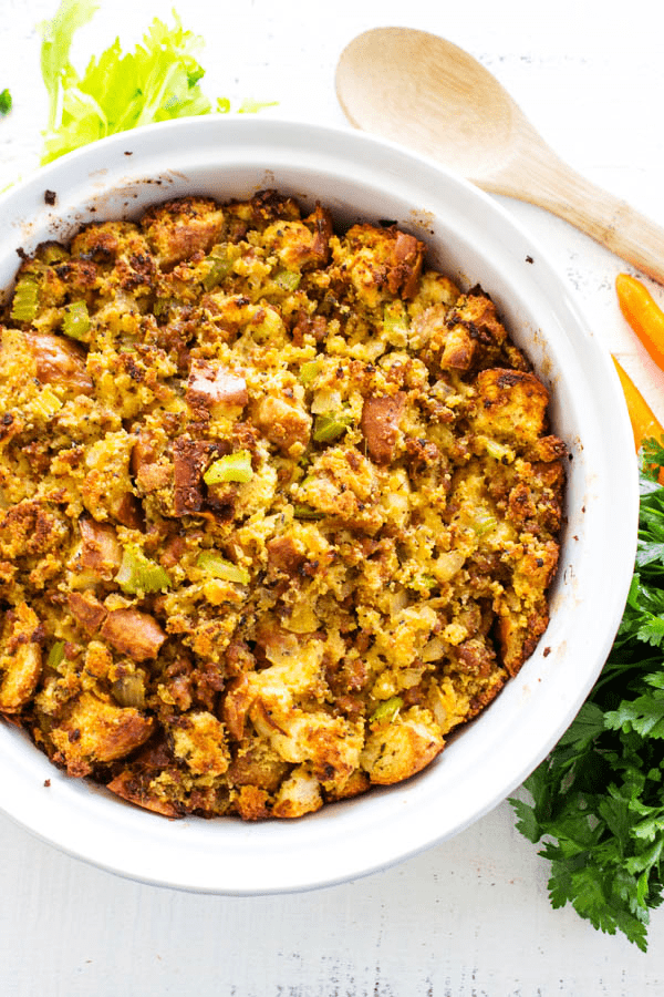 overhead shot cornbread stuffing in serving bowl