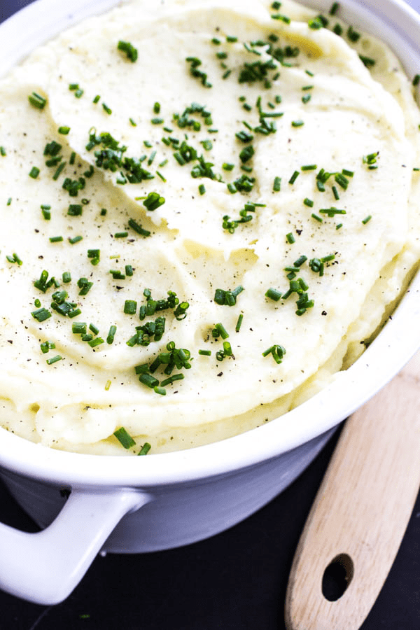 overhead shot of mashed potatoes in serving dish