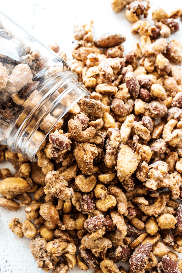 overhead shot of mason jar with nuts