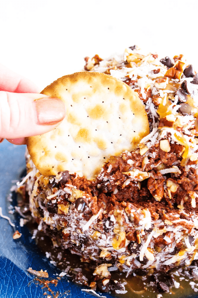 Dipping a cracker into the German Chocolate Cheesecake Ball.