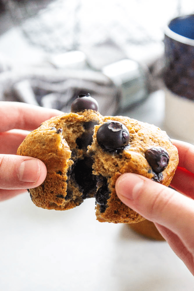 Banana Blueberry Muffin being split in half with steam coming out 