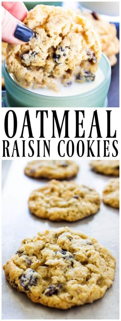 Oatmeal Raisin Cookie being dunked in a mug of milk, Oatmeal Raisin Cookies baked on a sheet pan