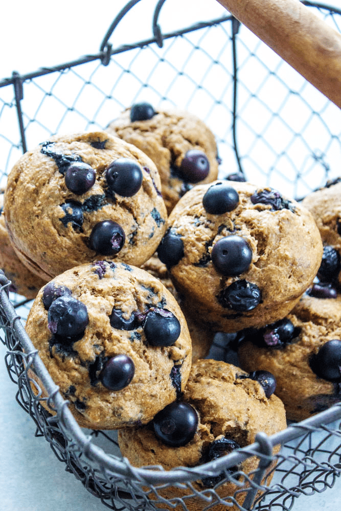 Banana Blueberry Muffins in a metal wire basket
