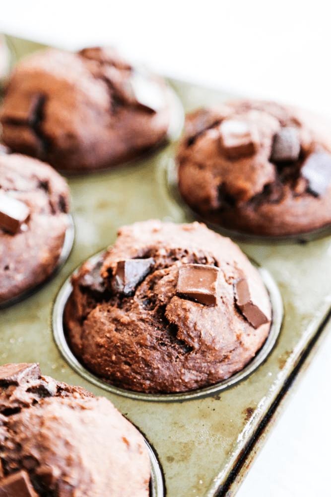 chocolate muffins in muffin pan with chocolate chunks