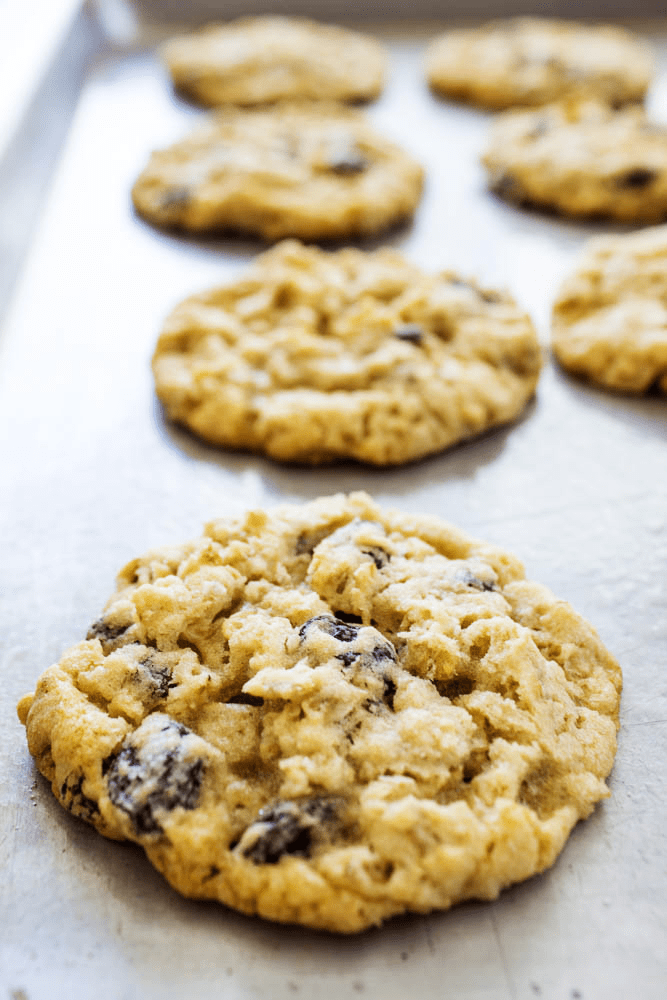 Oatmeal Raisin Cookies baked on a metal sheet pan