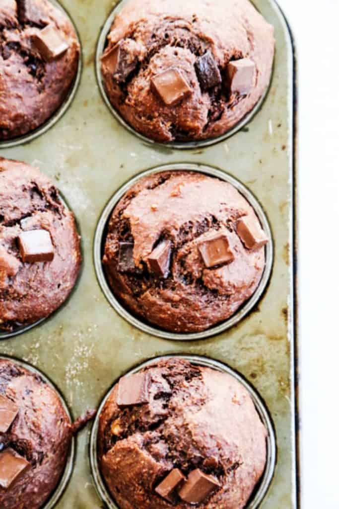 overhead shot of chocolate muffins in pan