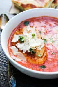 close up shot tomato basil soup