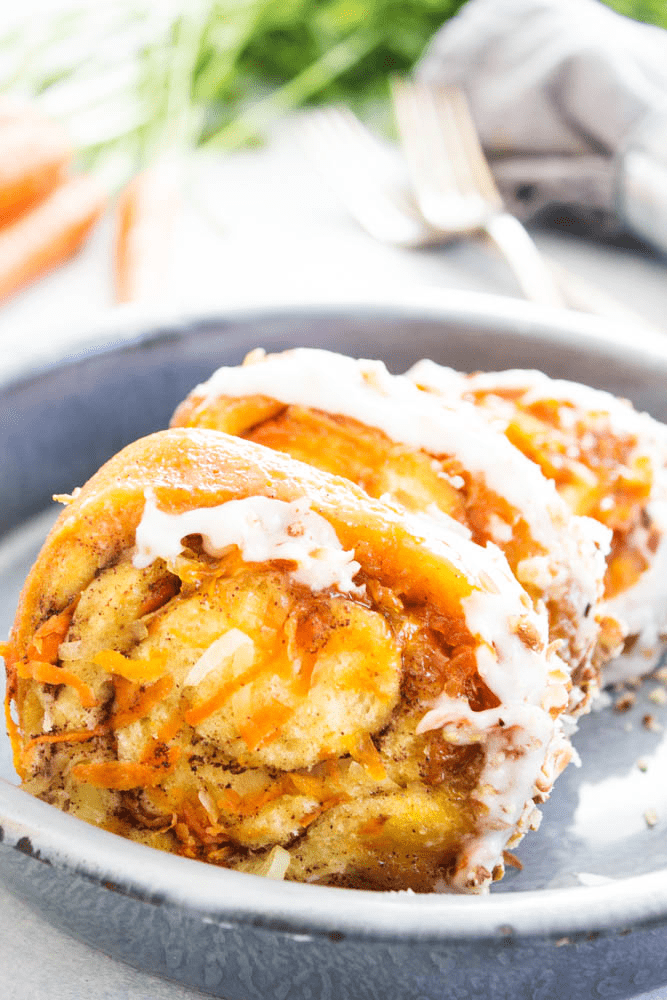 photo of a 3 slices of carrot cake monkey bread on a platter