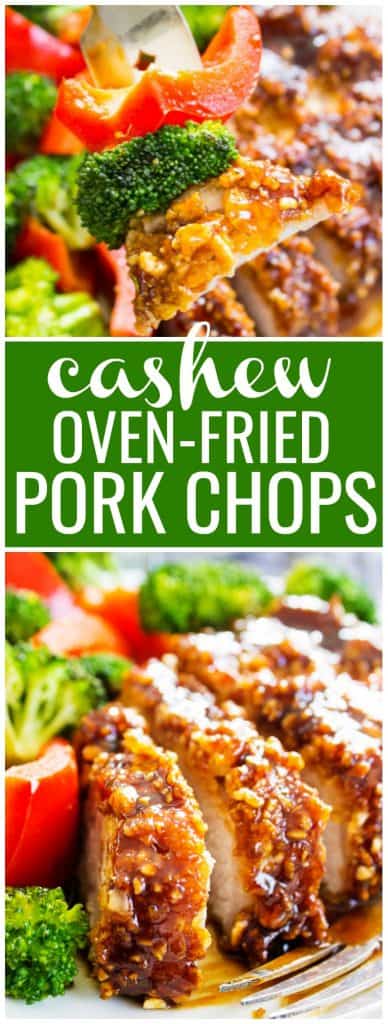 bite of red pepper. broccoli, and bite of Cashew Oven-Fried Pork Chop on a fork. Cashew Oven-Fried Pork Chop sliced, served on a plate with broccoli and red pepper slices