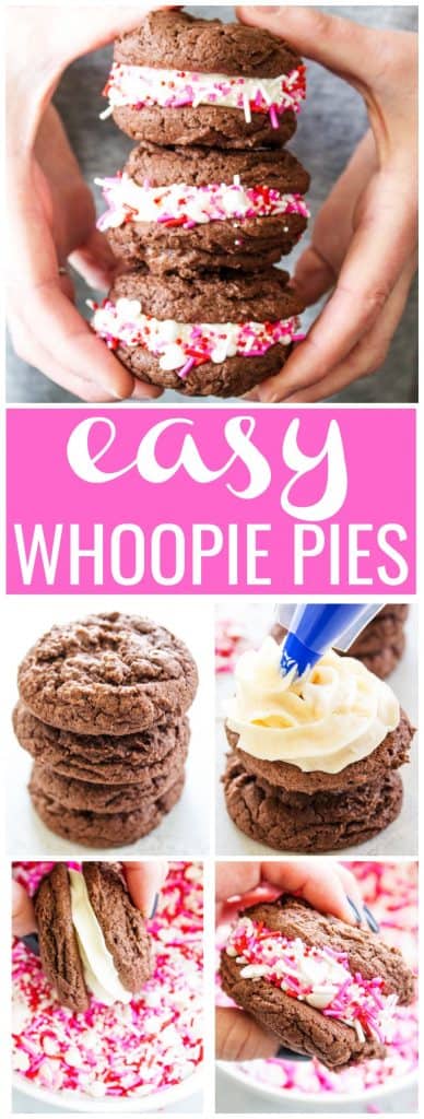 Easy Whoopie Pie Recipe - Soft and chewy Devil's Food cake cookies sandwiched with cream cheese frosting, these whoopie pies are out of this world. hands holding a stack of Whoopie Pies, step by step of how to assemble cookies, frosting, and sprinkles