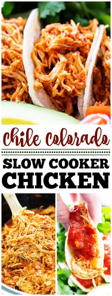 chile colorado slow cooker chicken, corn tortillas, avocado, tomatoes, cilantro, metal plate