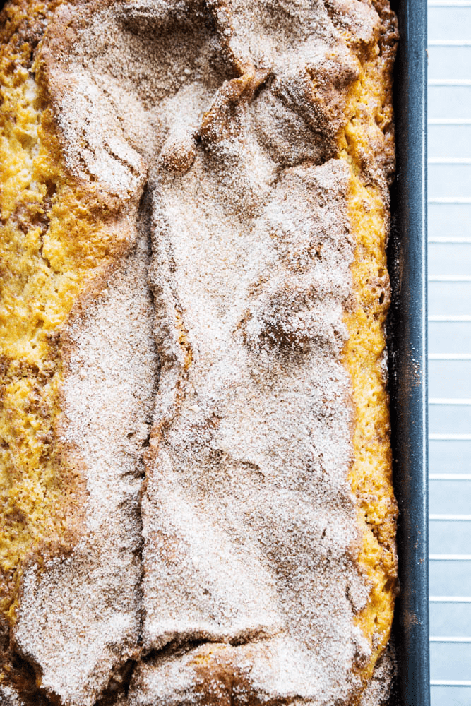 CINNAMON SUGAR BREAD is like eating a cinnamon & sugar cake donut but better. Easy & delicious this bread is ready to devour in an hour. photo of the top of the cinnamon sugar bread in a metal loaf pan