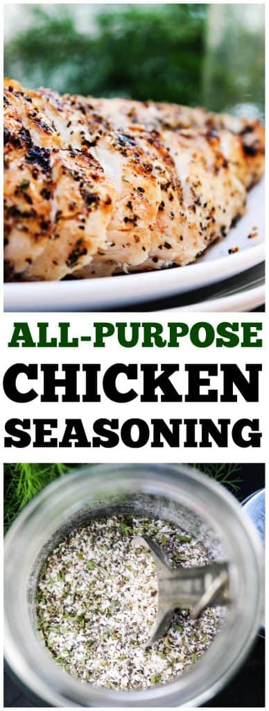 top photo: seasoning on grilled chicken breast on a plate. bottom photo: All-Purpose Chicken Seasoning in a jar