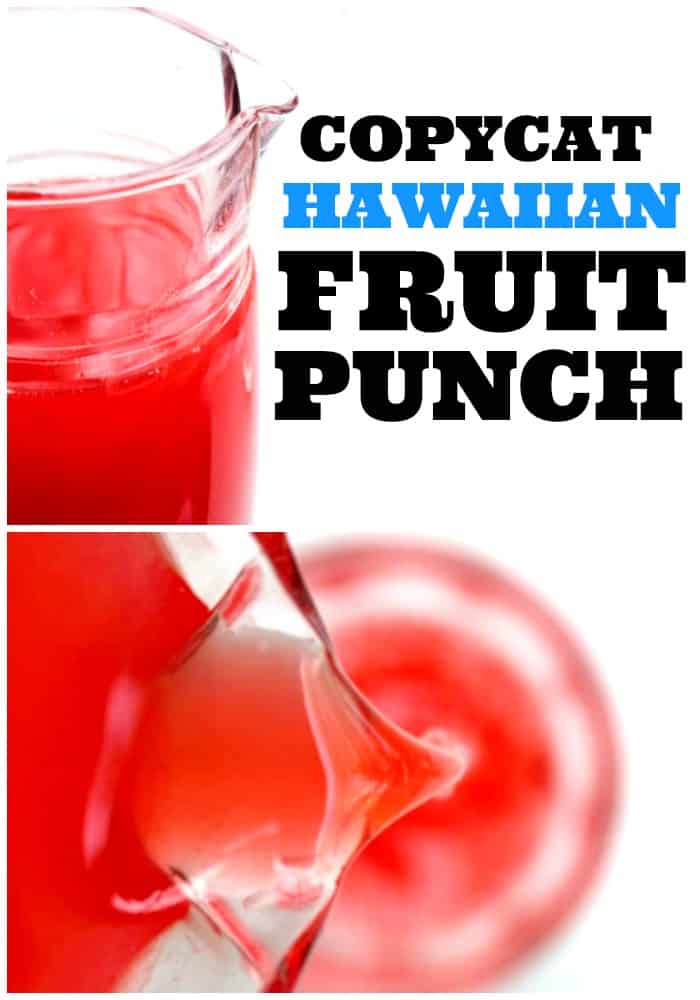 Copycat Hawaiian Fruit Punch in a glass pitcher and being poured into glass cup