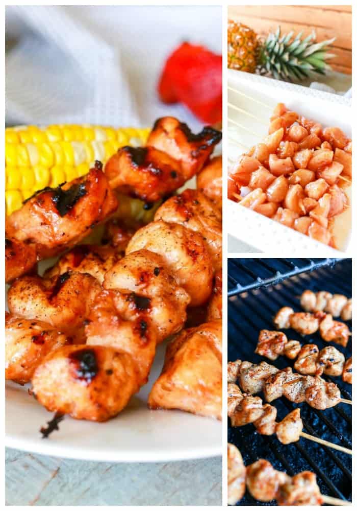 Maple Barbecue Chicken Kabobs on white plate, raw chicken on skewers, and Maple Barbecue Chicken Kabobs on the grill