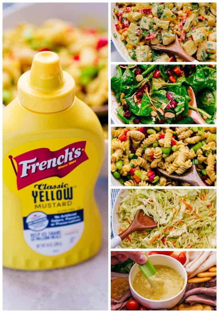 photo of mustard bottle next to photos of each prepared salad and dip