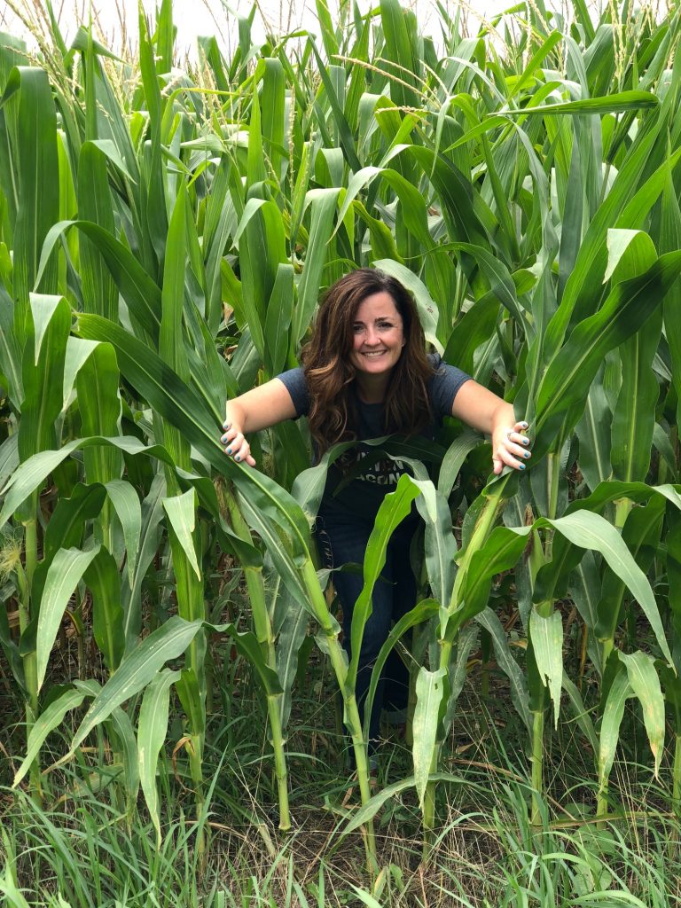 sandra in a corn field between corn stalks