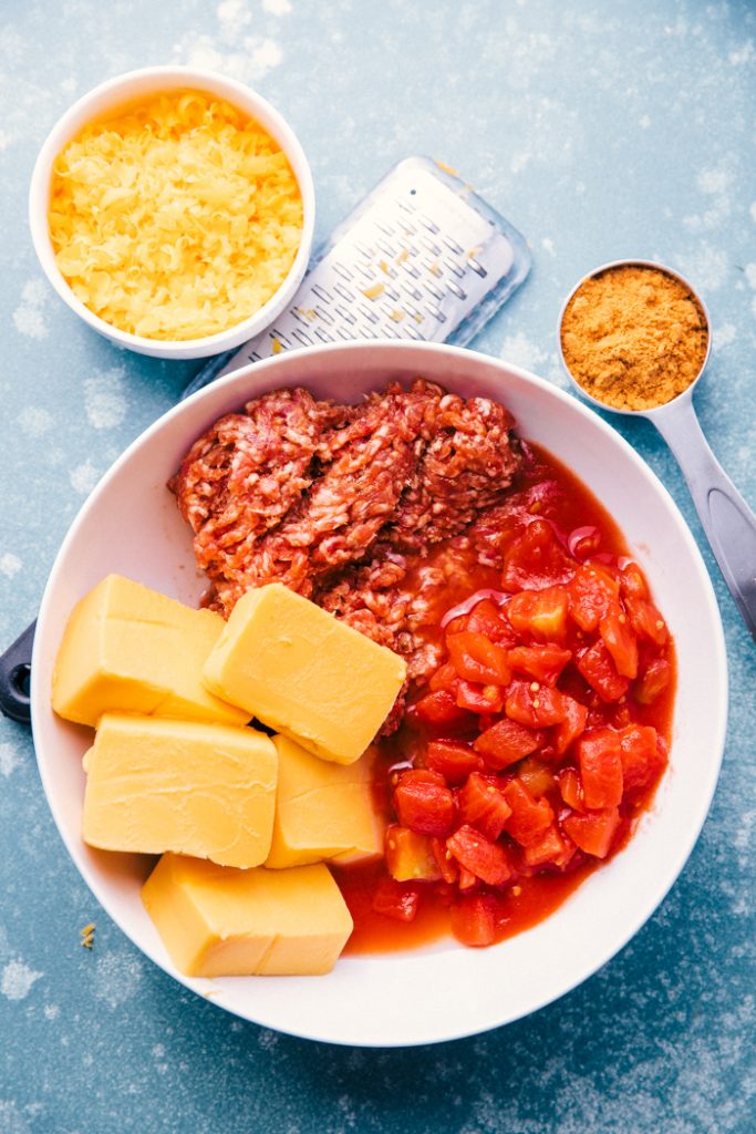 overhead ingredient shot of sausage queso