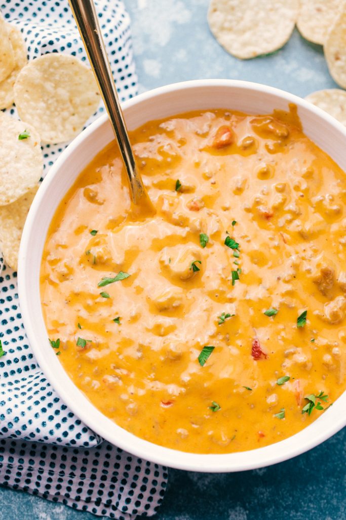 overhead shot of queso with sausage in it