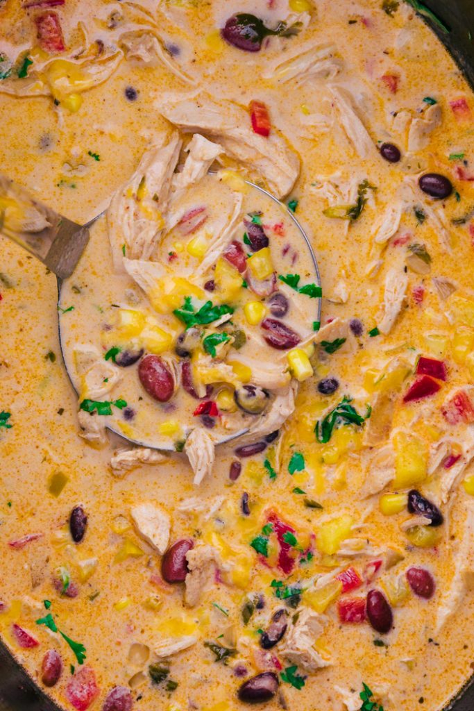 photo of Chicken Tortilla Soup in a crockpot with a metal ladle