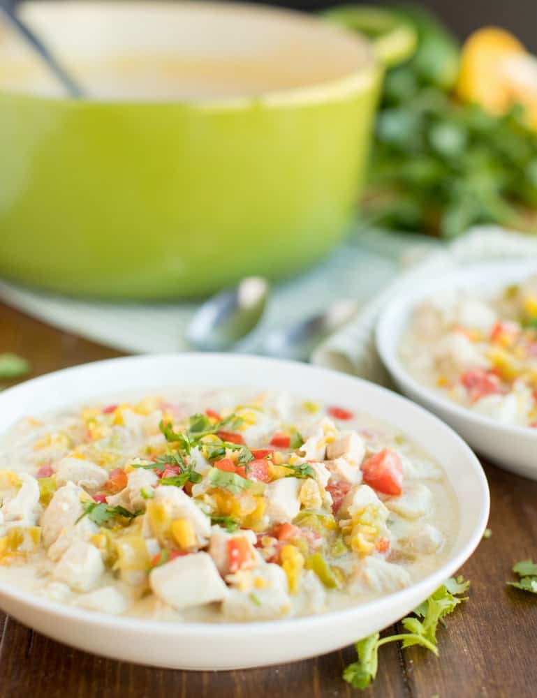Mexican Corn Chowder served in white bowl