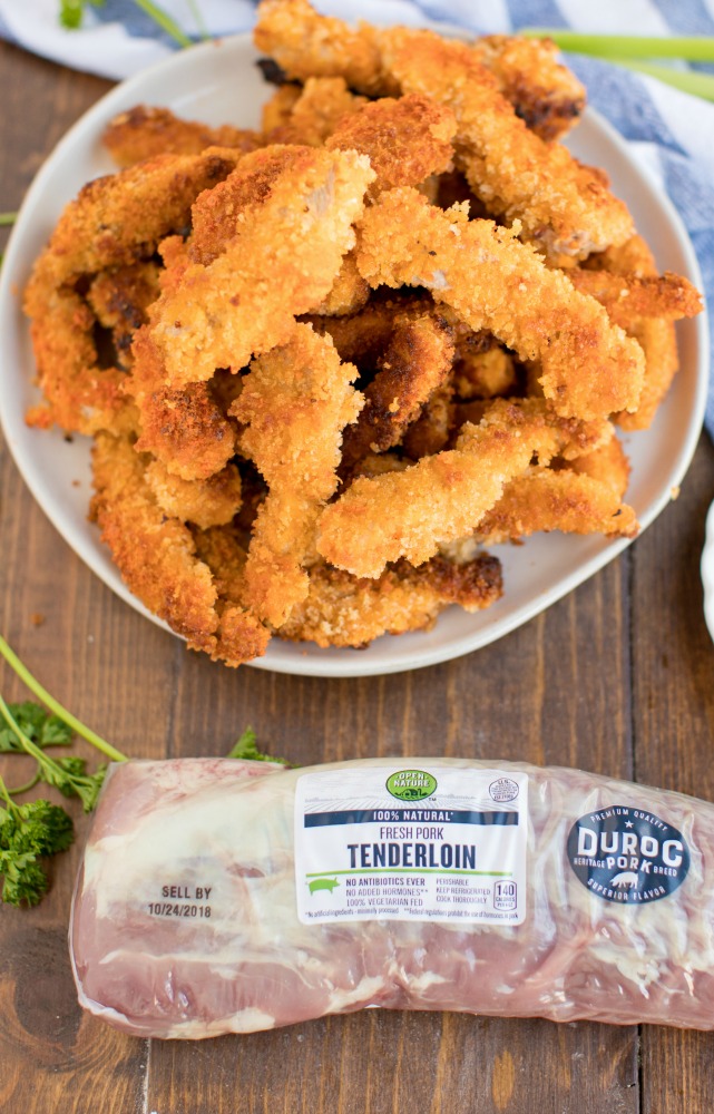 Buffalo Pork Tenderloin Fries are thin crispy strips of panko crusted pork, seasoned then dipped in a buffalo sauce-egg mixture and fried. Pork Tenderloin fries