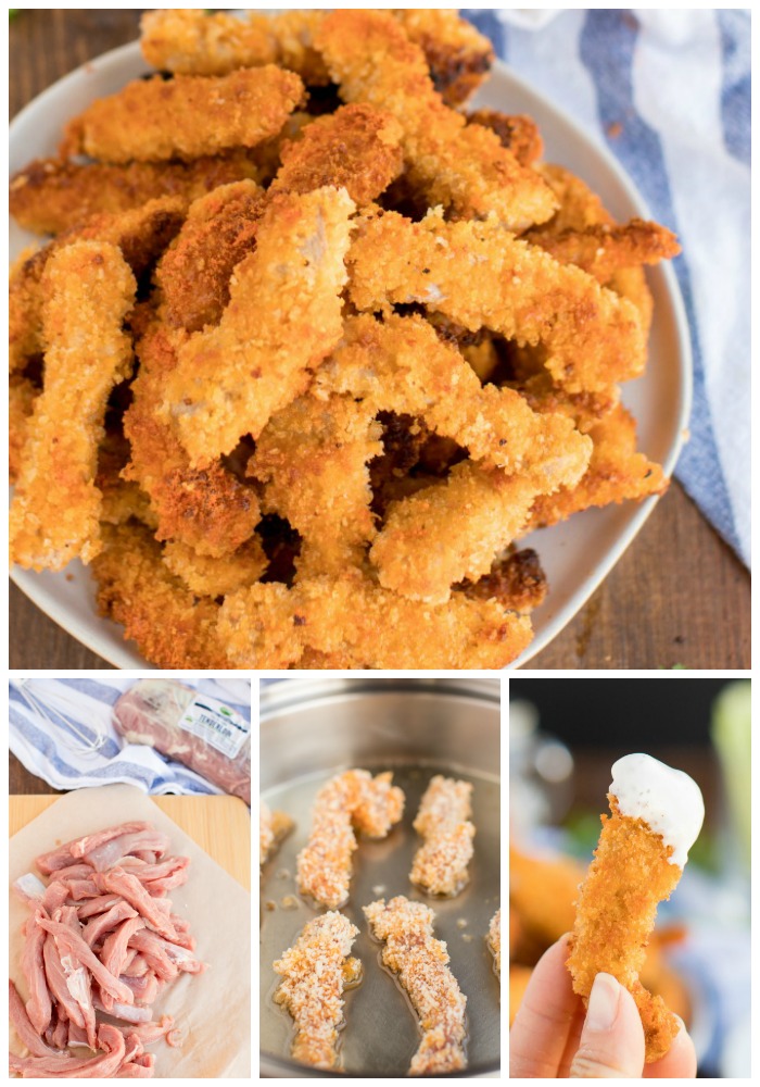 Buffalo Pork Tenderloin Fries are thin crispy strips of panko crusted pork, seasoned then dipped in a buffalo sauce-egg mixture and fried. step by step photos of pork tenderloin fries