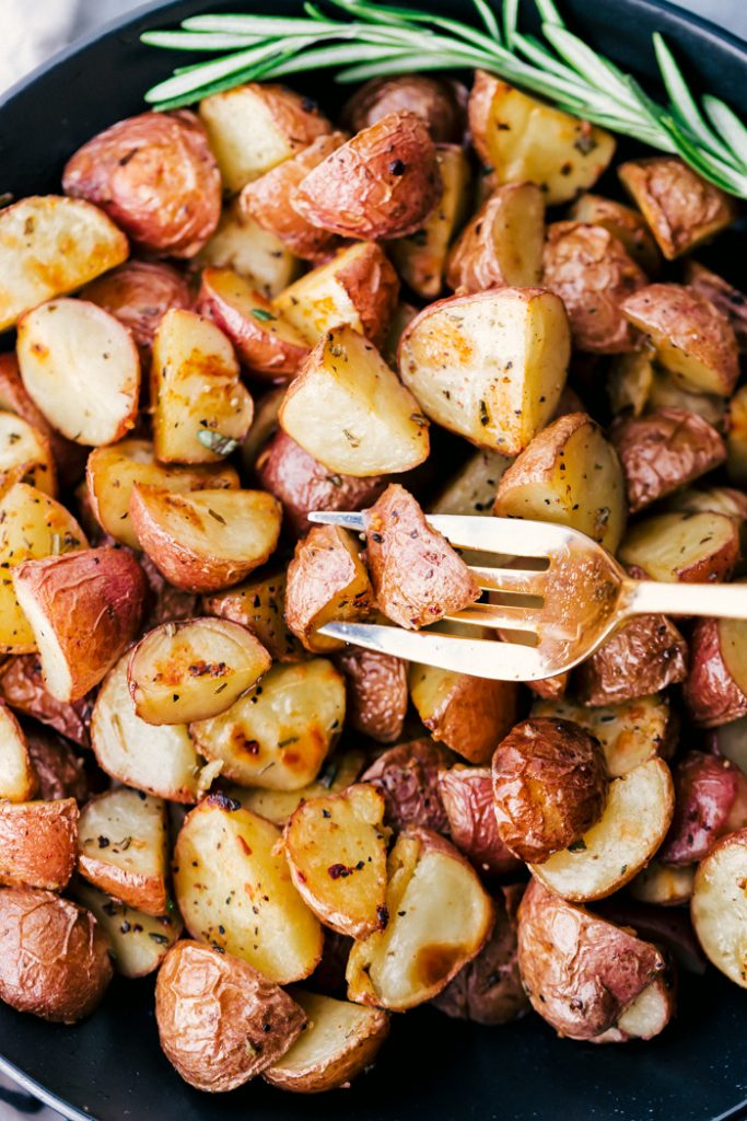 overhead shot roasted potatoes on plate