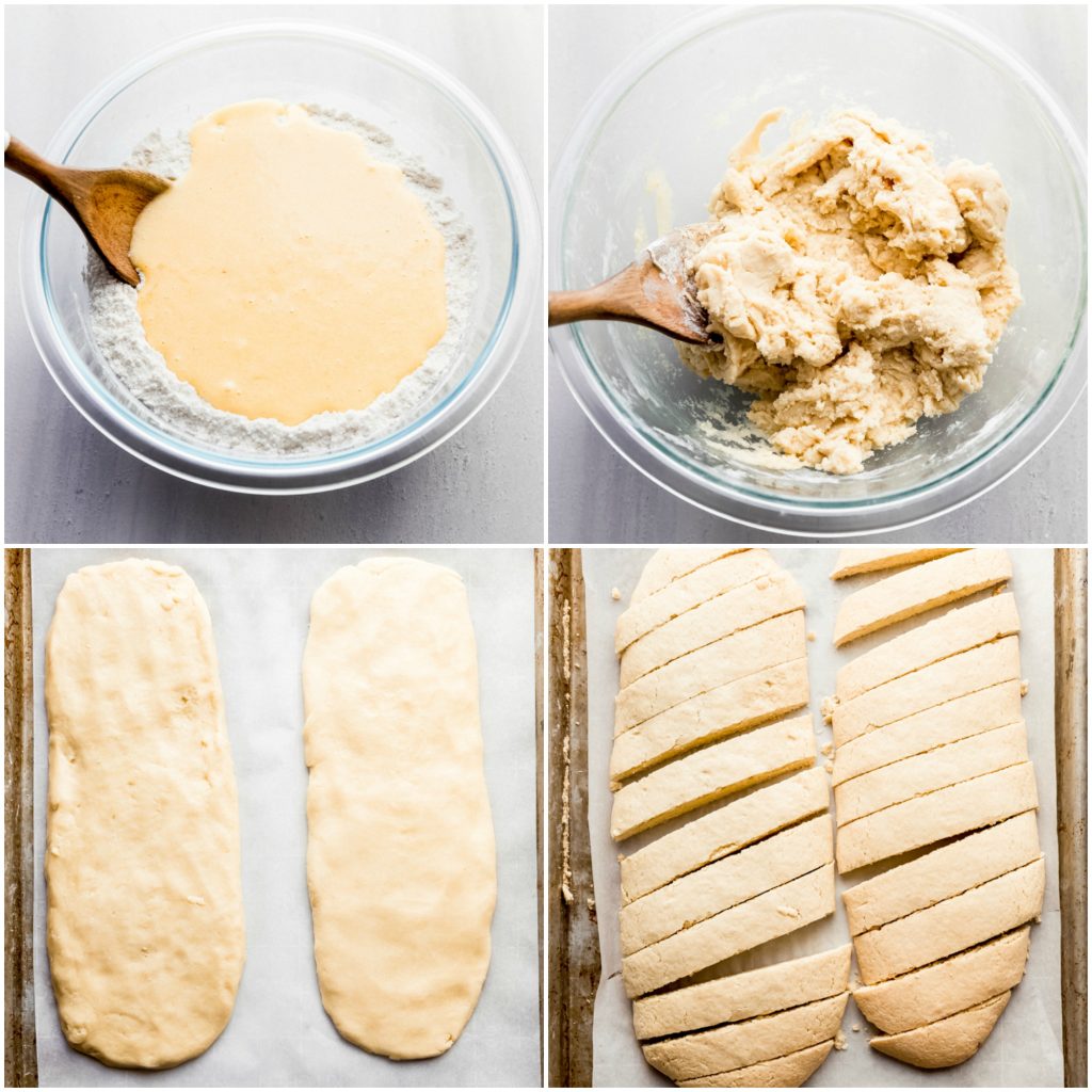 photos showing step-by-step of making biscotti. stirring wet ingredients into flour, forming the loaves, and sliced loaves on sheet pan