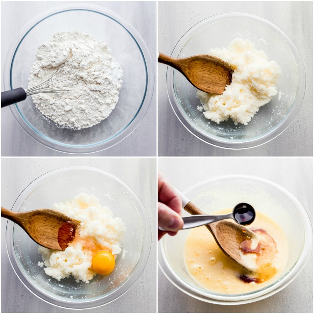 collage of step-by-step photos of stirring biscotti ingredients in a glass bowl