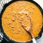 overhead shot of skillet with beef queso