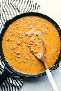 overhead shot of skillet with beef queso