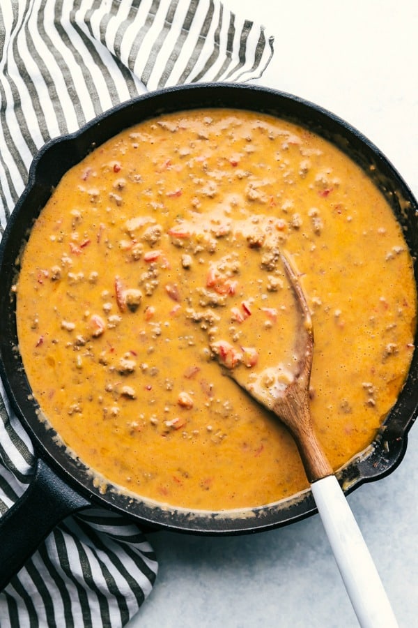 overhead shot of skillet with beef queso