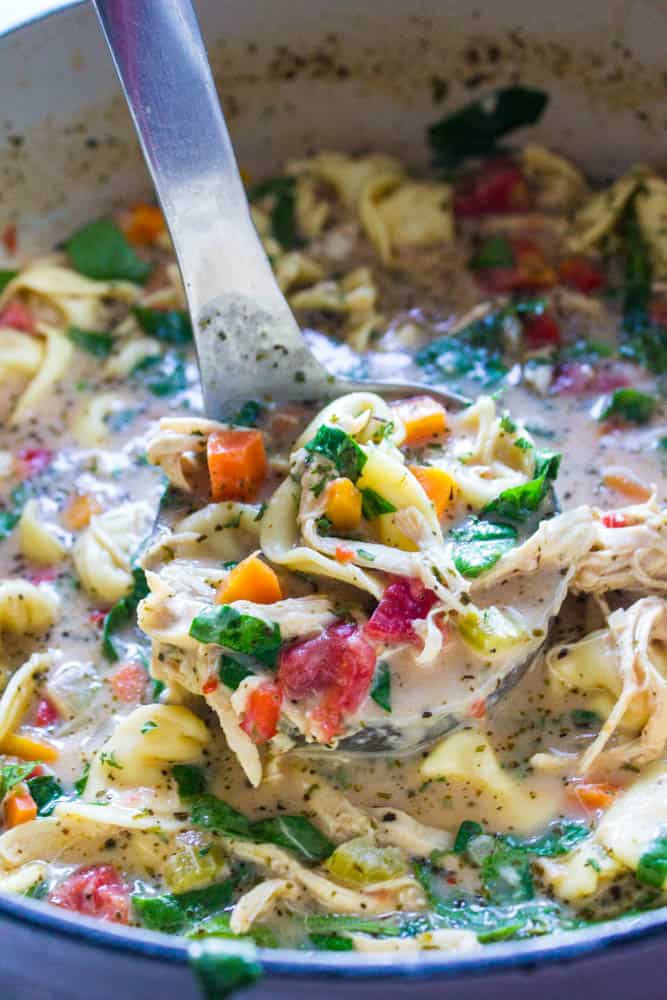 Tortellini Soup with chicken, spinach and vegetables in a dutch oven 