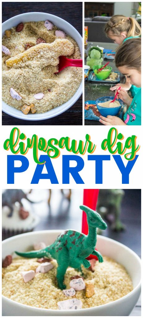 top left photo: dino nugget in a bowl of breadcrumbs. top right photo: girls playing in dino dig bowls. bottom photo: plastic dino toy on top of dino dig bowl
