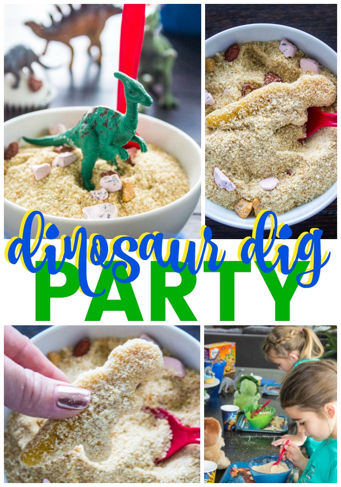 collage of dinosaur dig party photos 