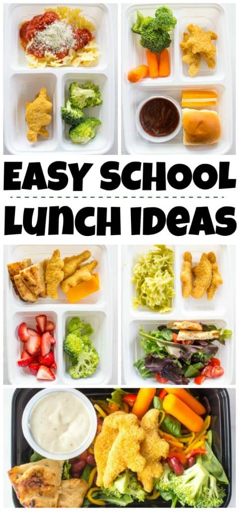 Title: Easy School Lunch Ideas. Collage of prepared lunch boxes