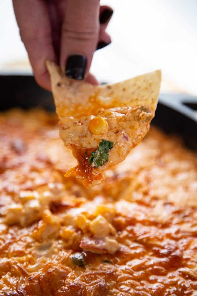 corn queso dip with chip