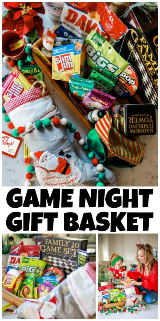 collage of photos of Game Night Gift Basket