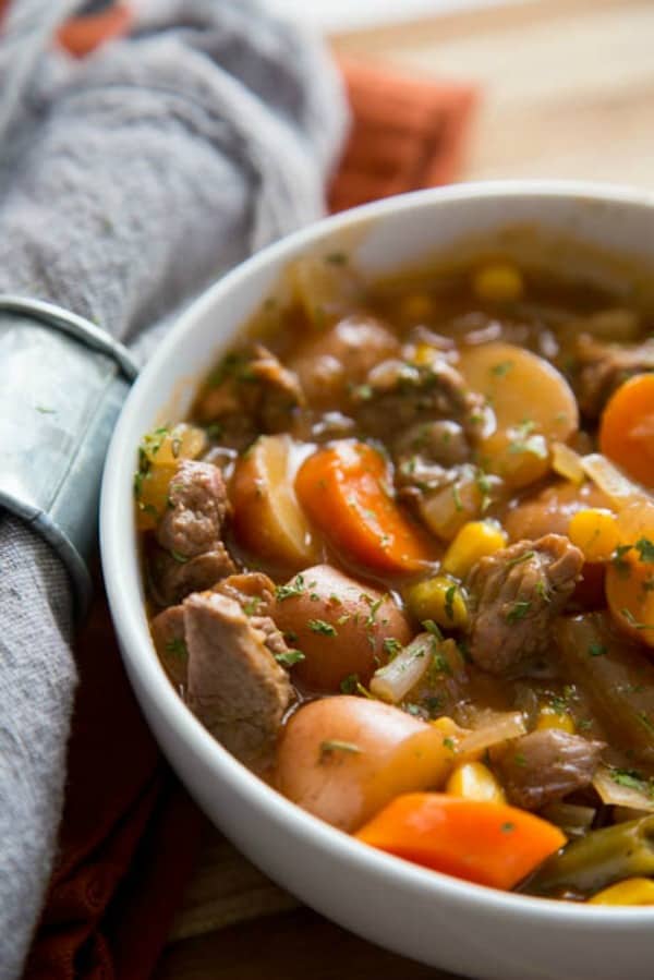 photo of beef stew in a white bowl