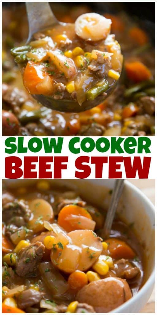 beef stew recipe serving bowl and ladle collage image with title
