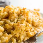 plate with baked mac and cheese with fork