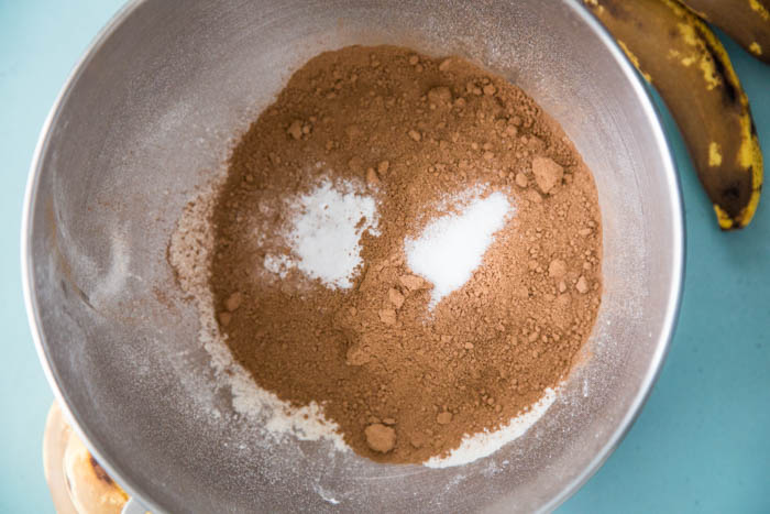 photo of dry ingredients for chocolate banana bread in a metal bowl